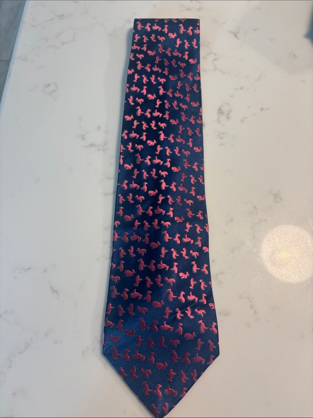 Charvet Navy Silk Tie with Pink Seahorse Motif